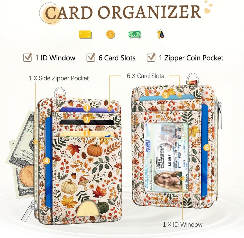 Kelvoris Fall Leaves Credit Card Holder Small Wallet Women, Pumpkin Slim RFID Blocking Wallets Woman Keychain with Zipper Coin Pocket, Front Pocket Thin Travel Card Case with ID Window Ladies Gifts Autumn - Image 3